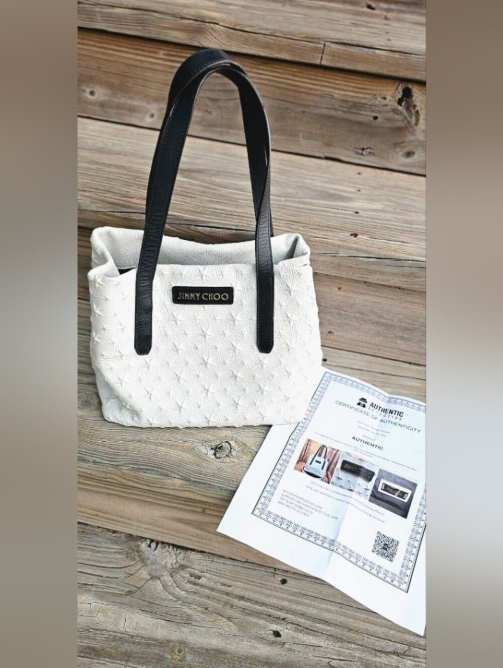 Jimmy Choo Sofia Leather White Star-Embossed Shoulder Tote with Black Handles - Picture 2 of 9